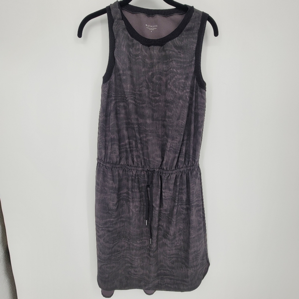 Athleta Rincon printed grey black dress lightweight sinch waist knee small